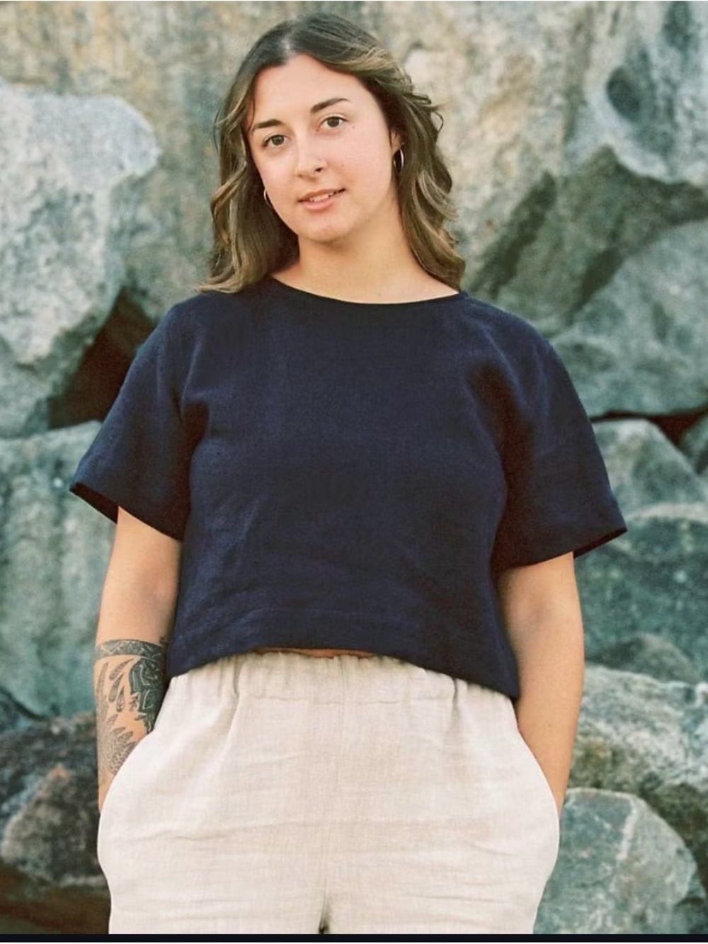 100% linen cropped t shirt, Jimi Collection, Black size s